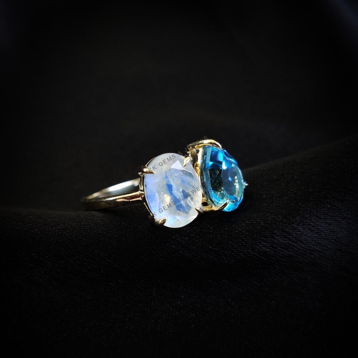 Natural Swiss Blue Topaz & Rainbow Moonstone Ring, 14K Solid Yellow Gold Ring