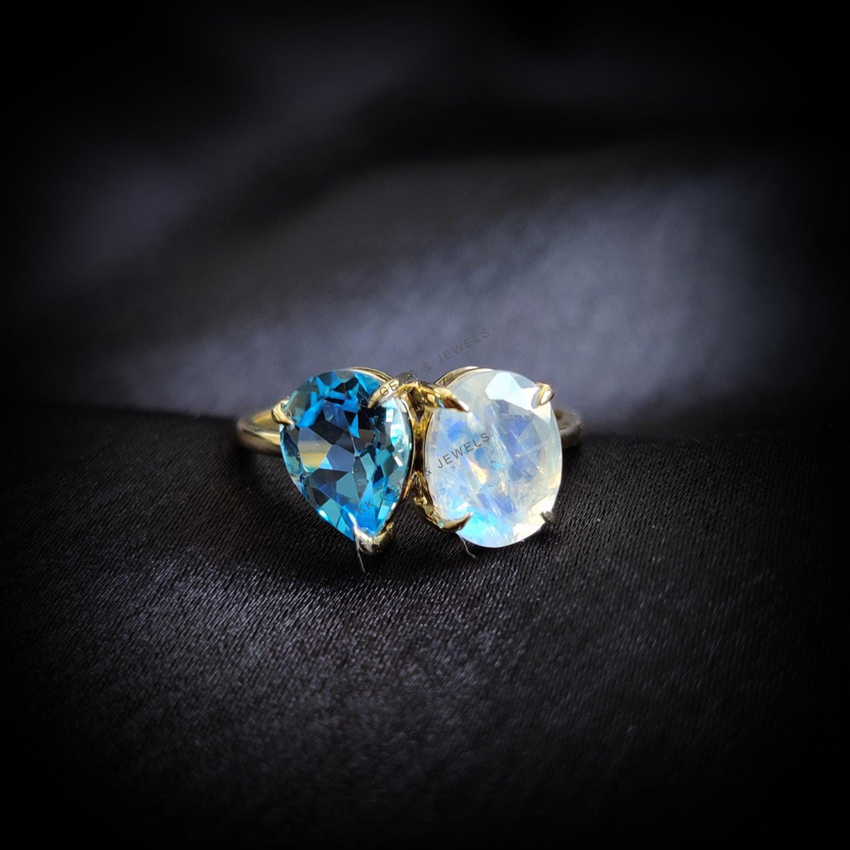 Natural Swiss Blue Topaz & Rainbow Moonstone Ring, 14K Solid Yellow Gold Ring