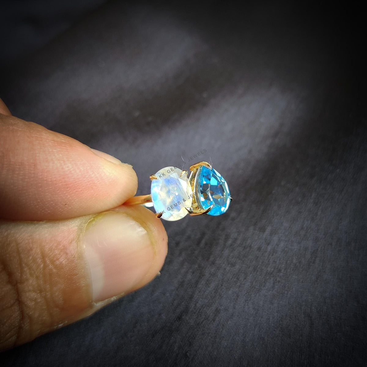Natural Swiss Blue Topaz & Rainbow Moonstone Ring, 14K Solid Yellow Gold Ring