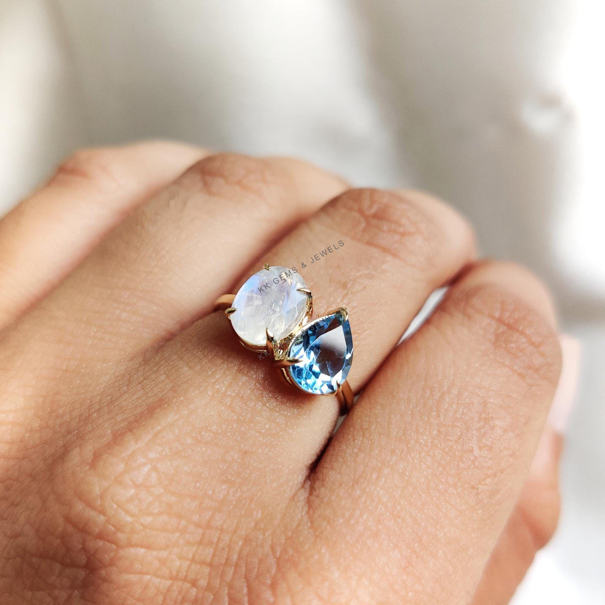 Natural Swiss Blue Topaz & Rainbow Moonstone Ring, 14K Solid Yellow Gold Ring