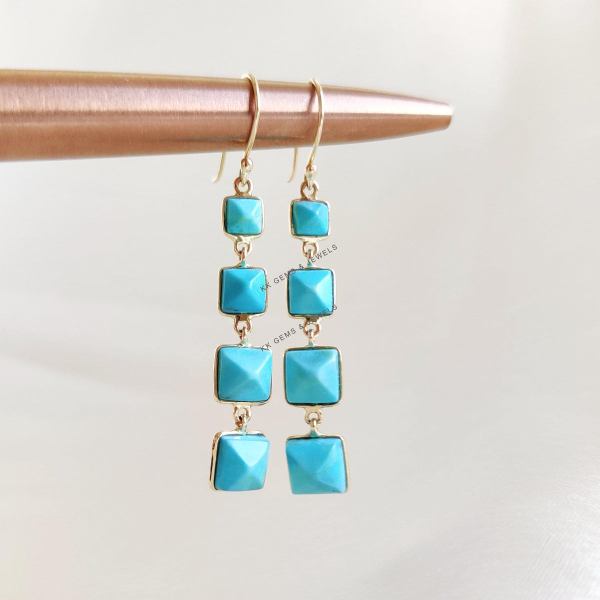 14K Solid Yellow Gold Natural Sleeping Beauty Turquoise Drop Earrings, December Birthstone