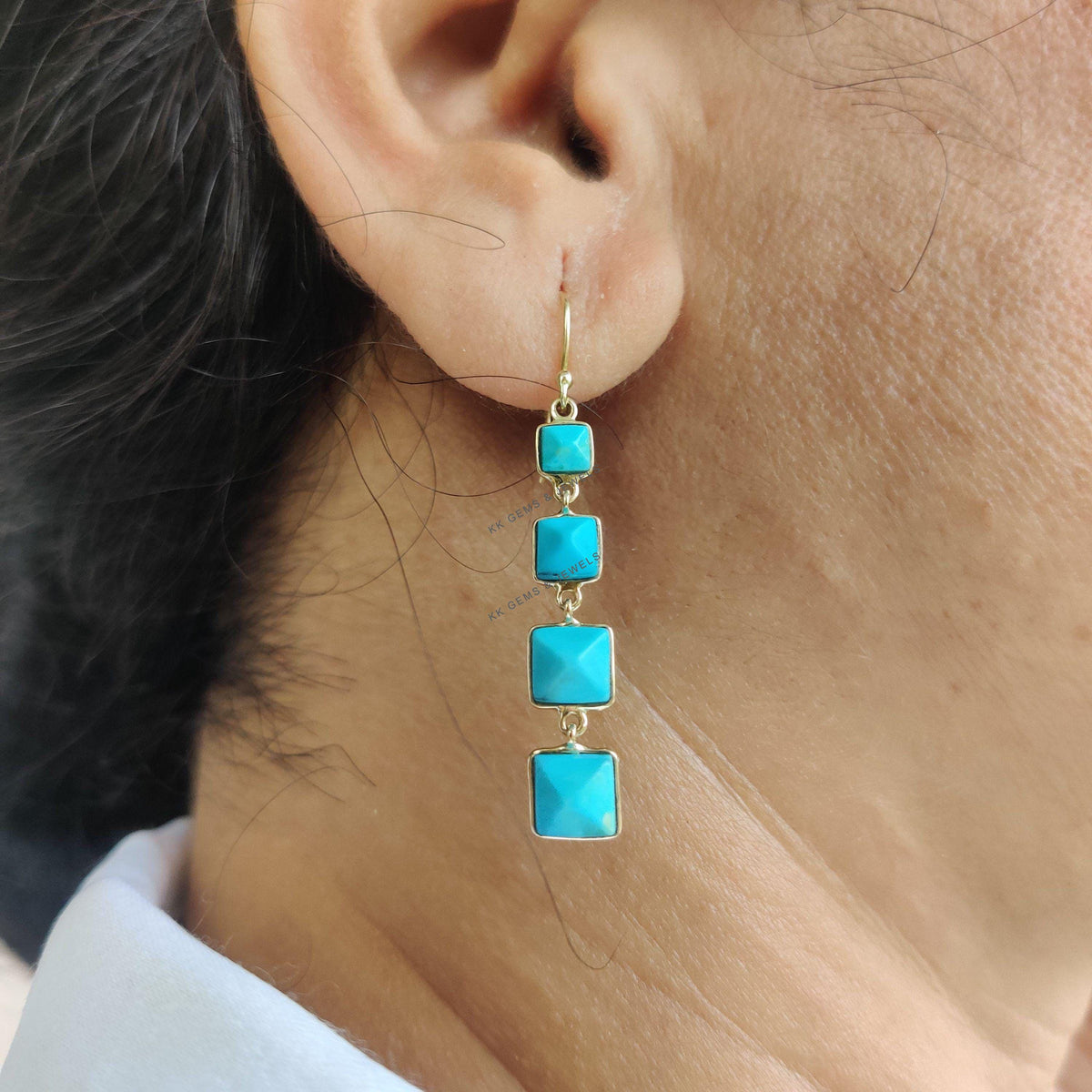 14K Solid Yellow Gold Natural Sleeping Beauty Turquoise Drop Earrings, December Birthstone