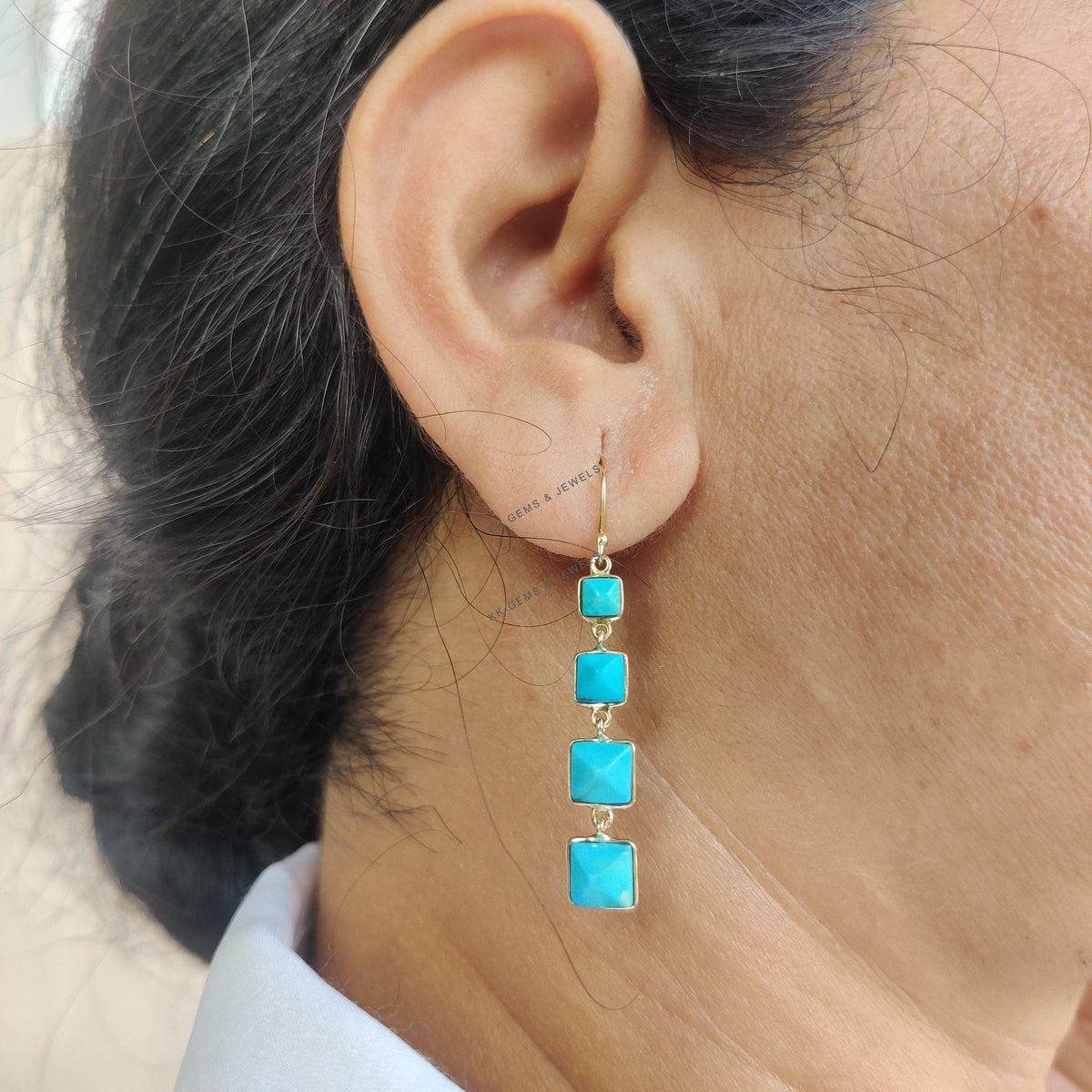 14K Solid Yellow Gold Natural Sleeping Beauty Turquoise Drop Earrings, December Birthstone
