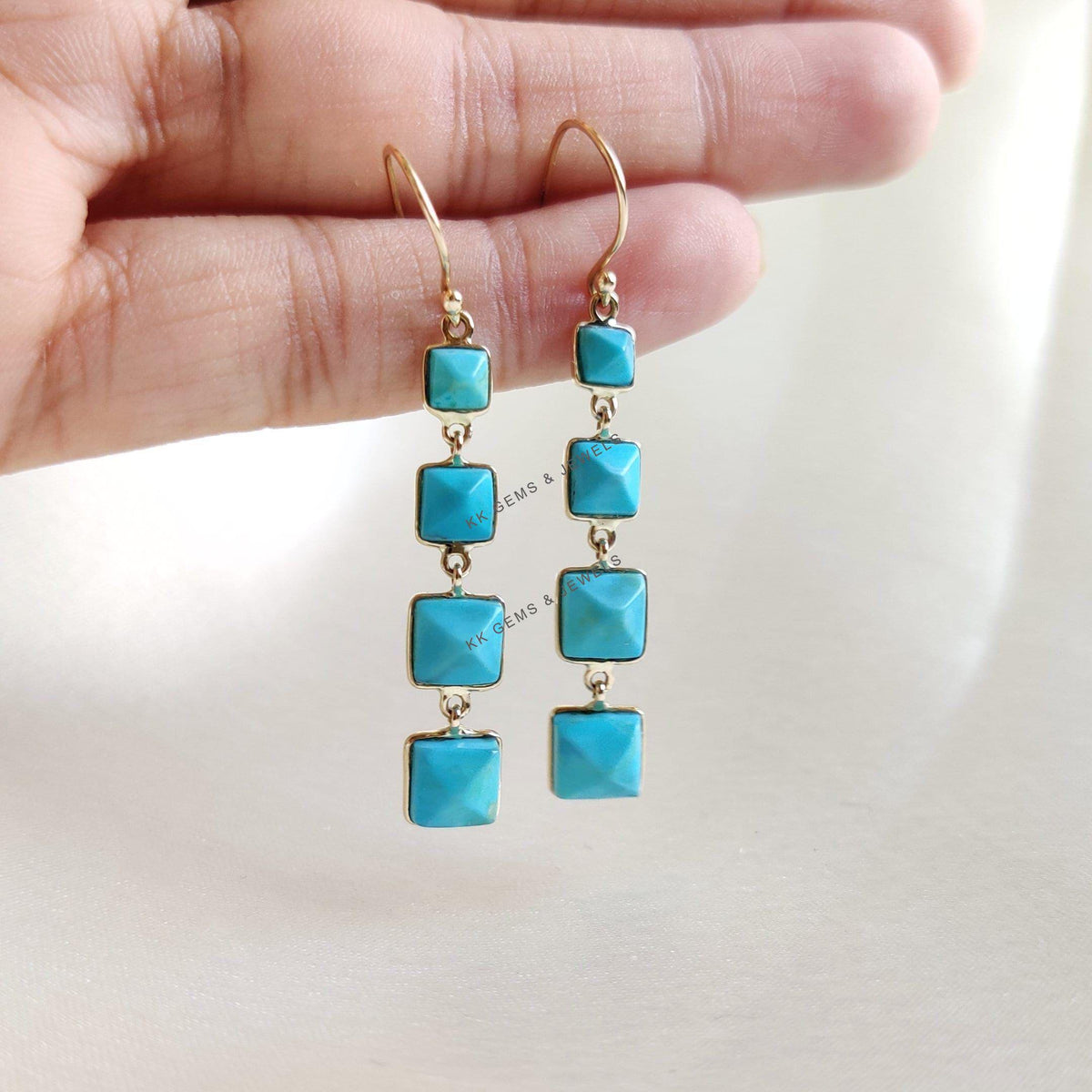 14K Solid Yellow Gold Natural Sleeping Beauty Turquoise Drop Earrings, December Birthstone
