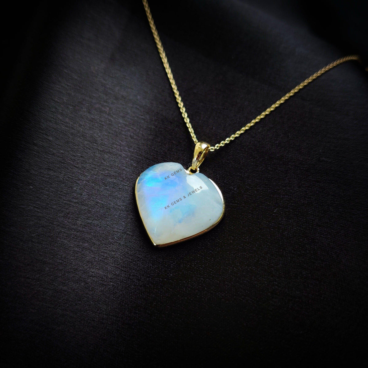 14K Solid Yellow Gold Natural Rainbow Moonstone Heart Pendant - June Birthstone