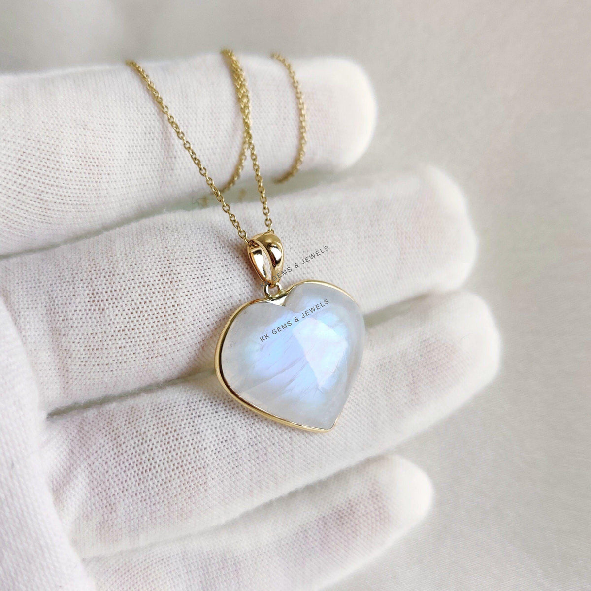 14K Solid Yellow Gold Natural Rainbow Moonstone Heart Pendant - June Birthstone