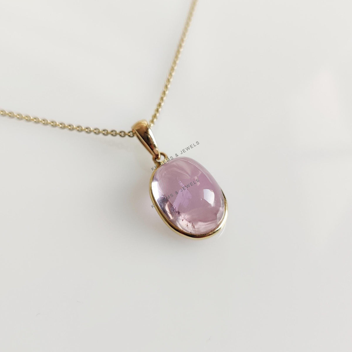 14K Solid Yellow Gold Natural Kunzite Pendant: Oval Cabochon Bezel, February Birthstone