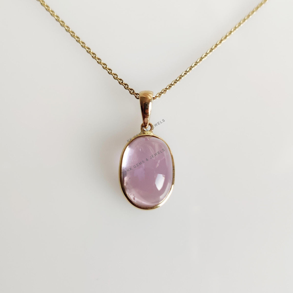 14K Solid Yellow Gold Natural Kunzite Pendant: Oval Cabochon Bezel, February Birthstone