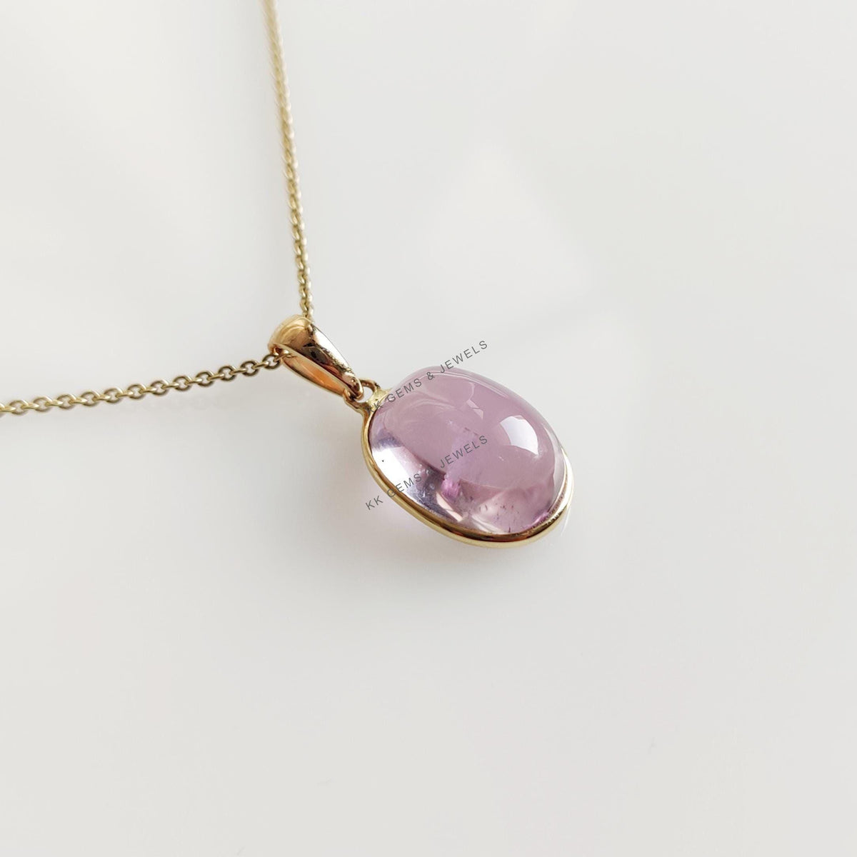 14K Solid Yellow Gold Natural Kunzite Pendant: Oval Cabochon Bezel, February Birthstone