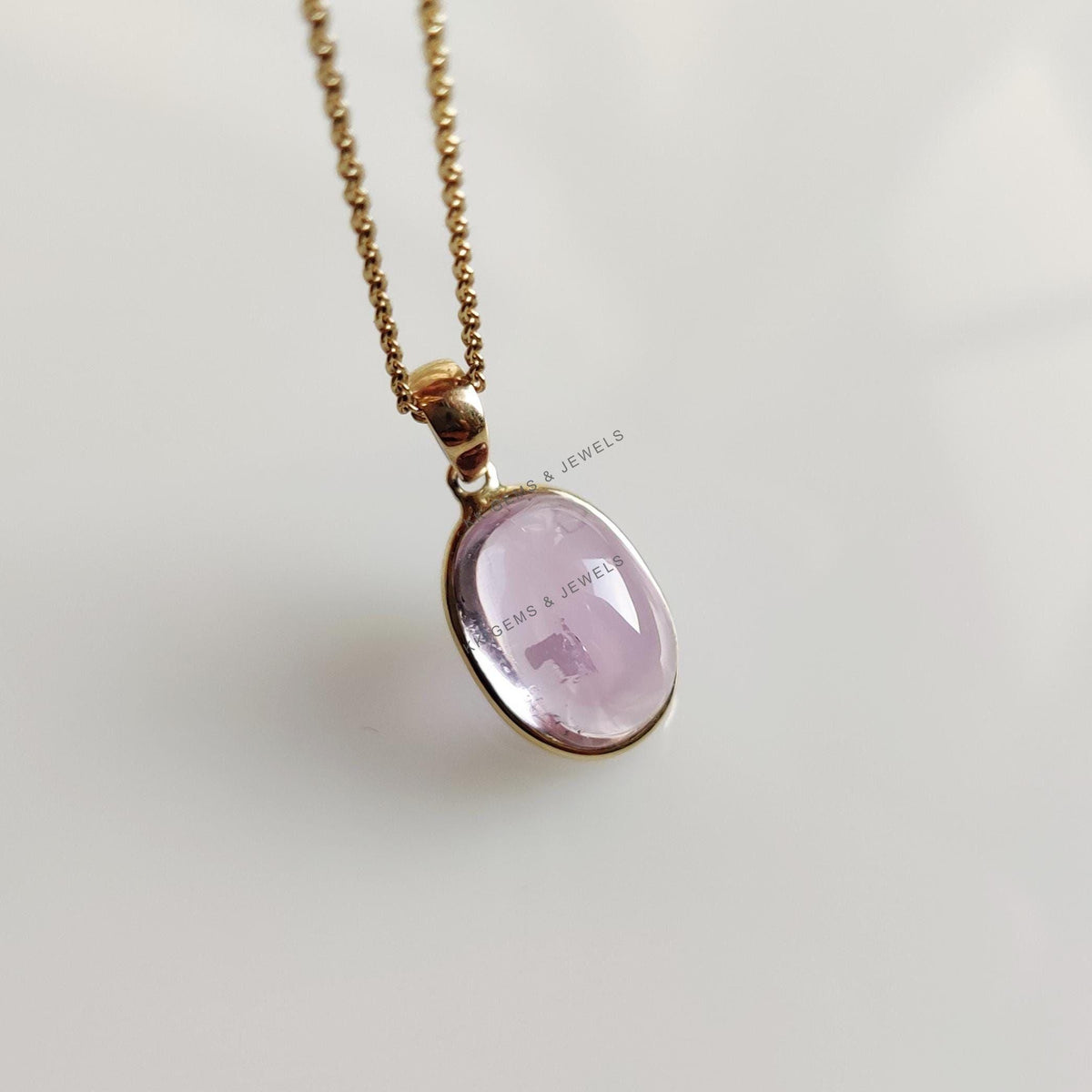 14K Solid Yellow Gold Natural Kunzite Pendant: Oval Cabochon Bezel, February Birthstone