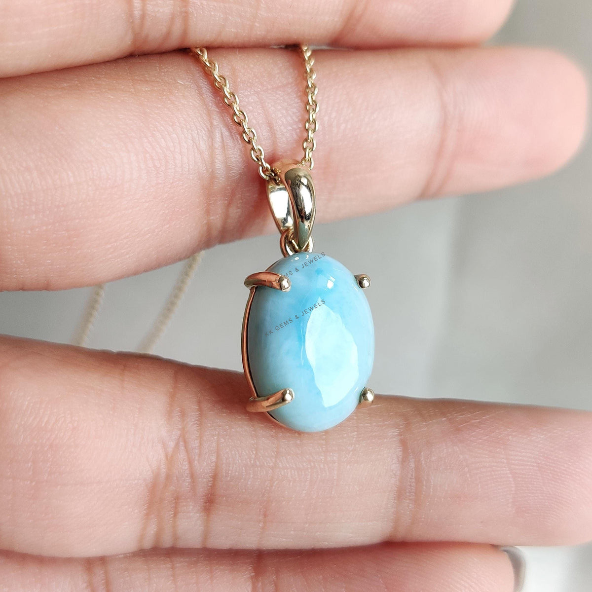 14K Solid Yellow Gold Natural Larimar Pendant: Oval Cabochon, March Birthstone