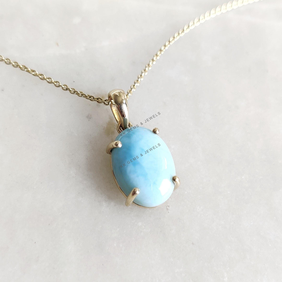 14K Solid Yellow Gold Natural Larimar Pendant: Oval Cabochon, March Birthstone