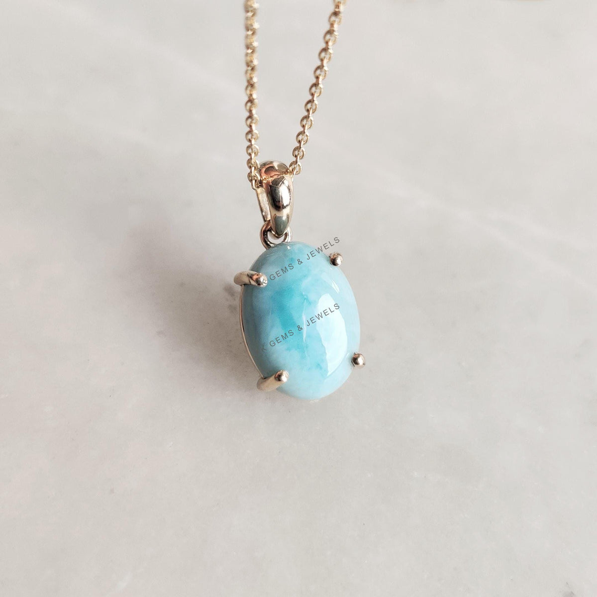 14K Solid Yellow Gold Natural Larimar Pendant: Oval Cabochon, March Birthstone