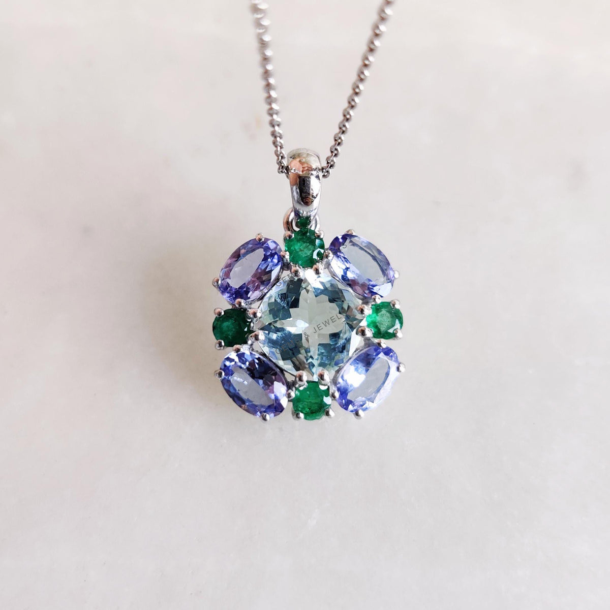 Natural Aquamarine & Tanzanite and Emerald Pendant, 14K Solid White Gold Multi stone Pendant