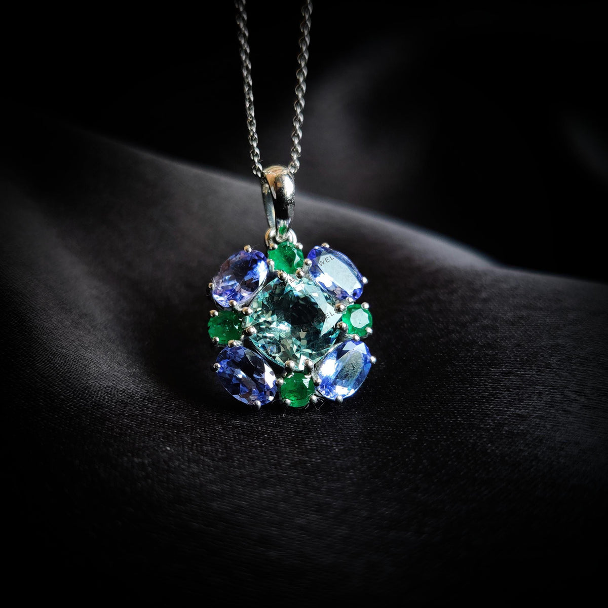 Natural Aquamarine & Tanzanite and Emerald Pendant, 14K Solid White Gold Multi stone Pendant