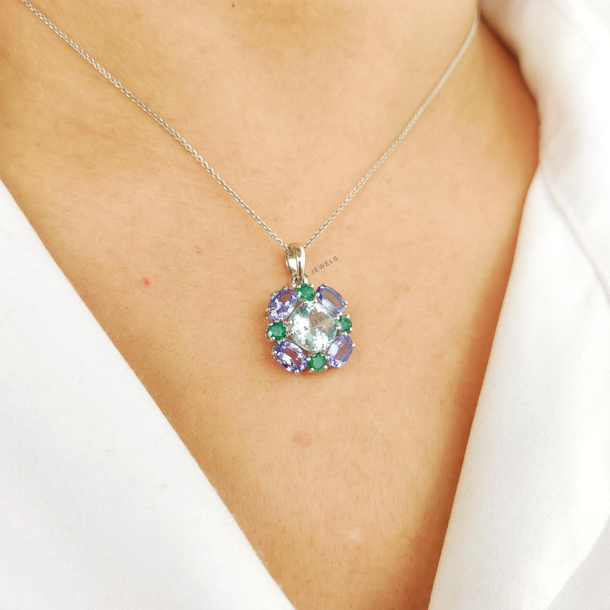 Natural Aquamarine & Tanzanite and Emerald Pendant, 14K Solid White Gold Multi stone Pendant