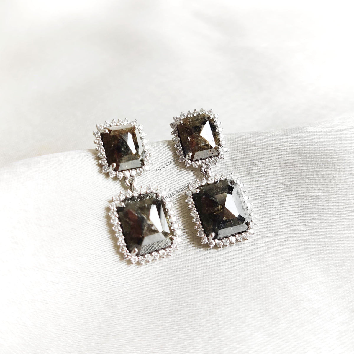 Natural Salt & Pepper Diamond Earrings, 14K Solid White Gold, Dangler Studs