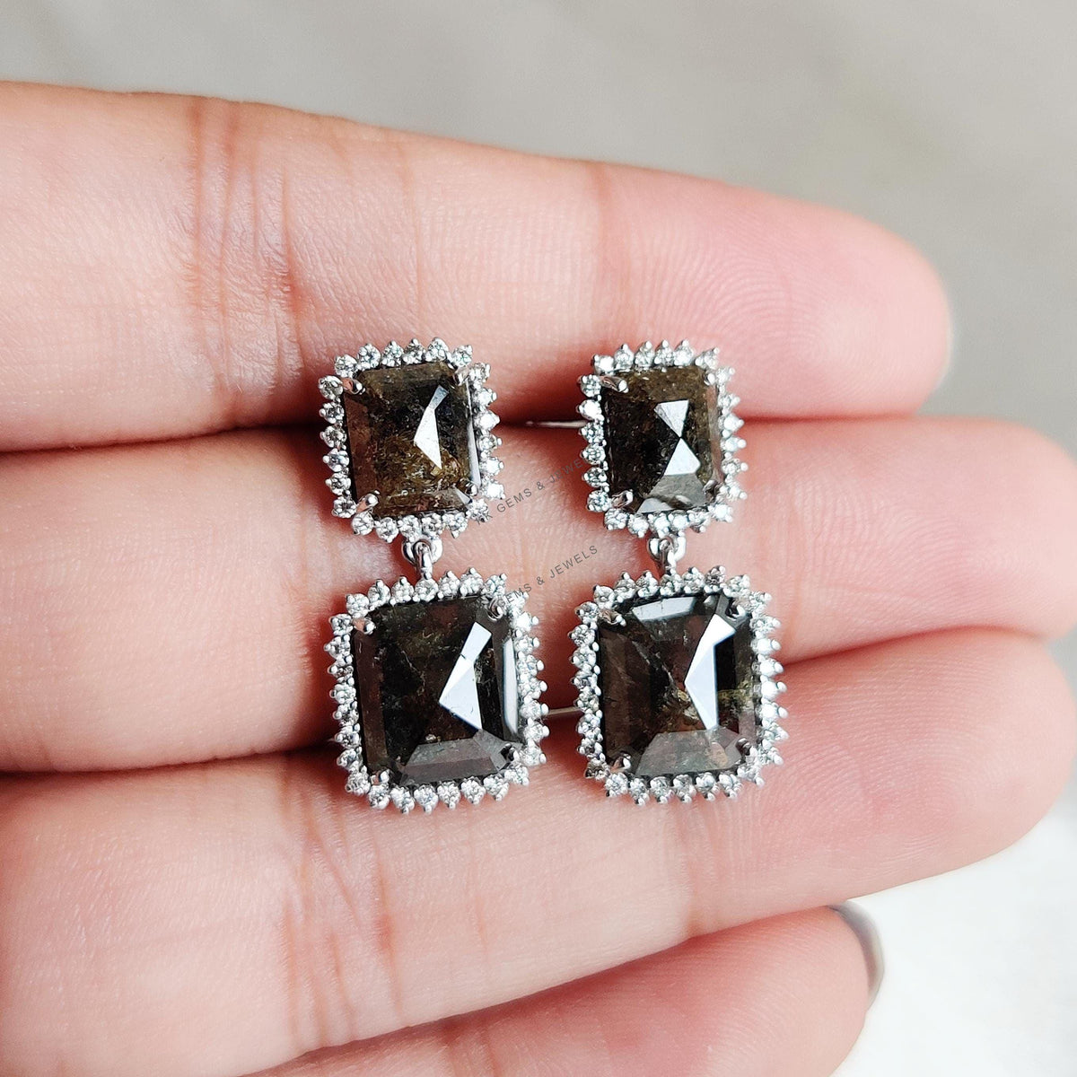 Natural Salt & Pepper Diamond Earrings, 14K Solid White Gold, Dangler Studs