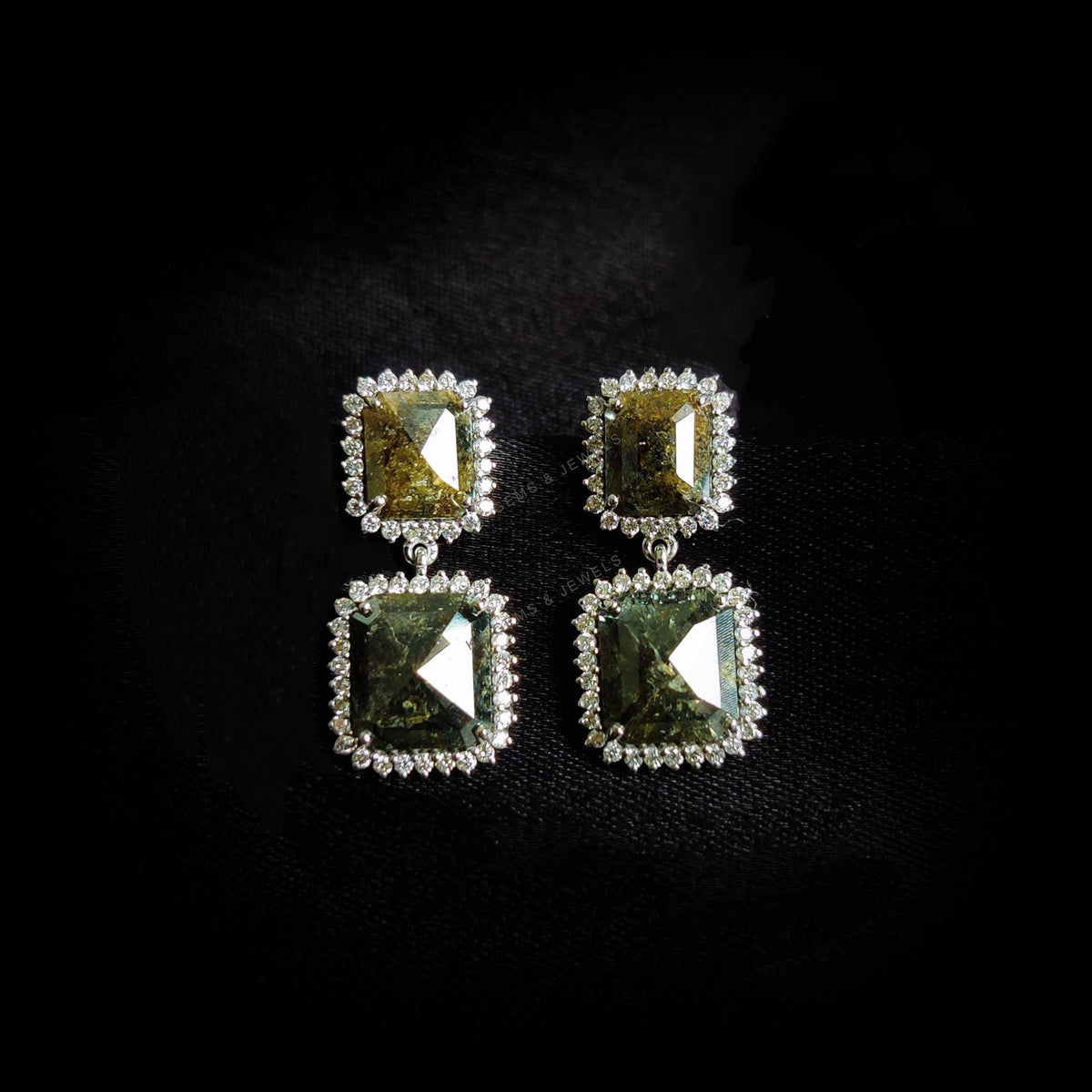 Natural Salt & Pepper Diamond Earrings, 14K Solid White Gold, Dangler Studs