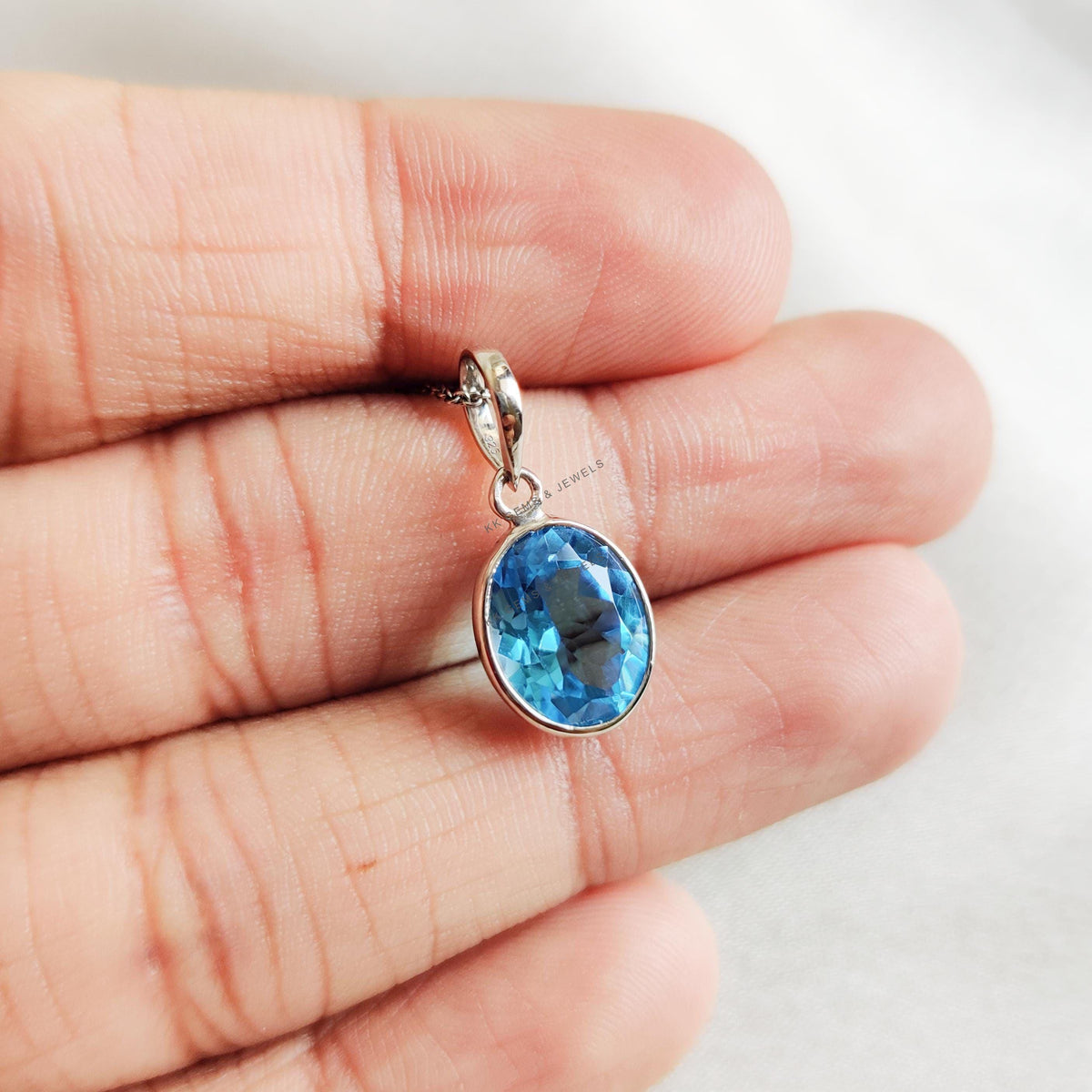 Natural Swiss Blue Topaz Pendant, 14K Solid White Gold, December Birthstone