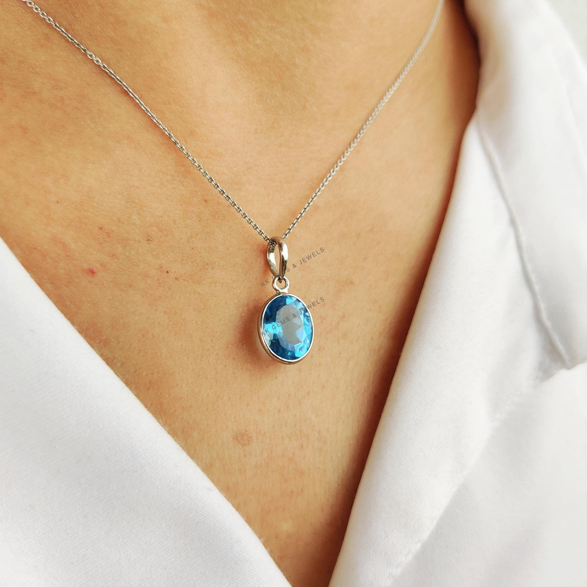 Natural Swiss Blue Topaz Pendant, 14K Solid White Gold, December Birthstone