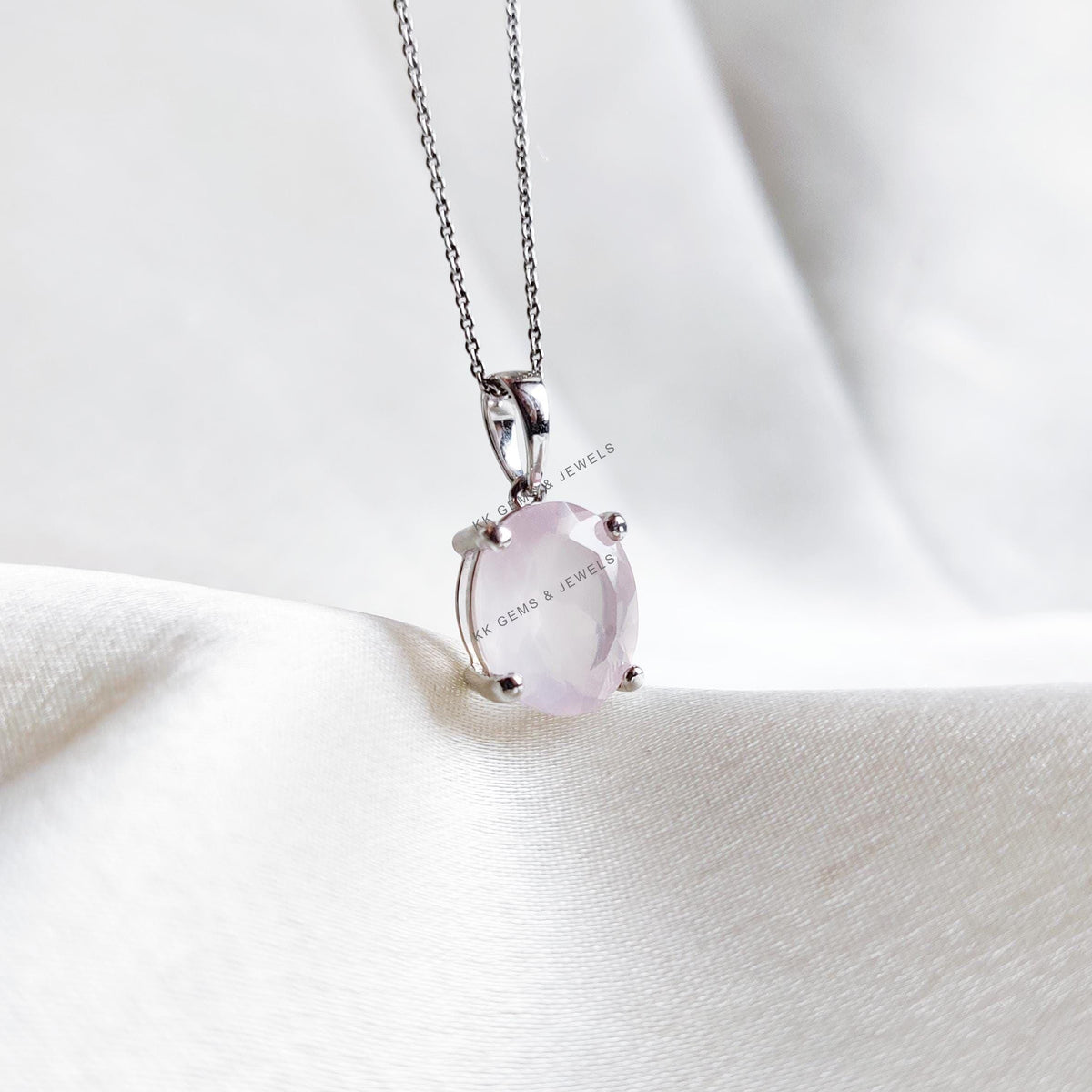 Natural Rose Quartz Pendant, 14K Solid White Gold, January Birthstone