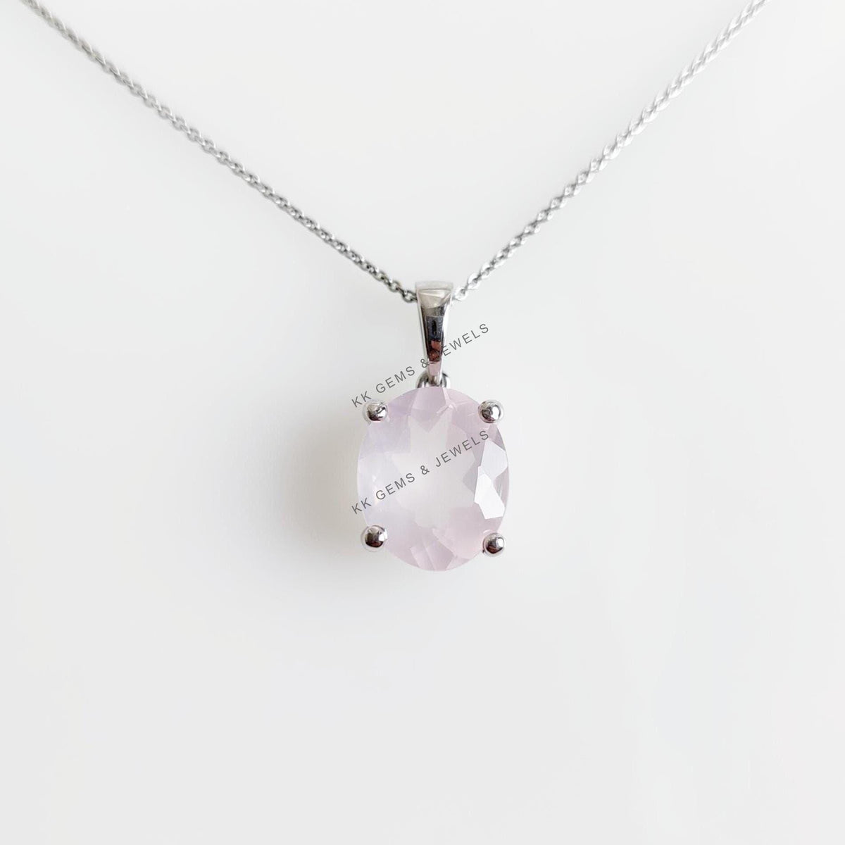 Natural Rose Quartz Pendant, 14K Solid White Gold, January Birthstone