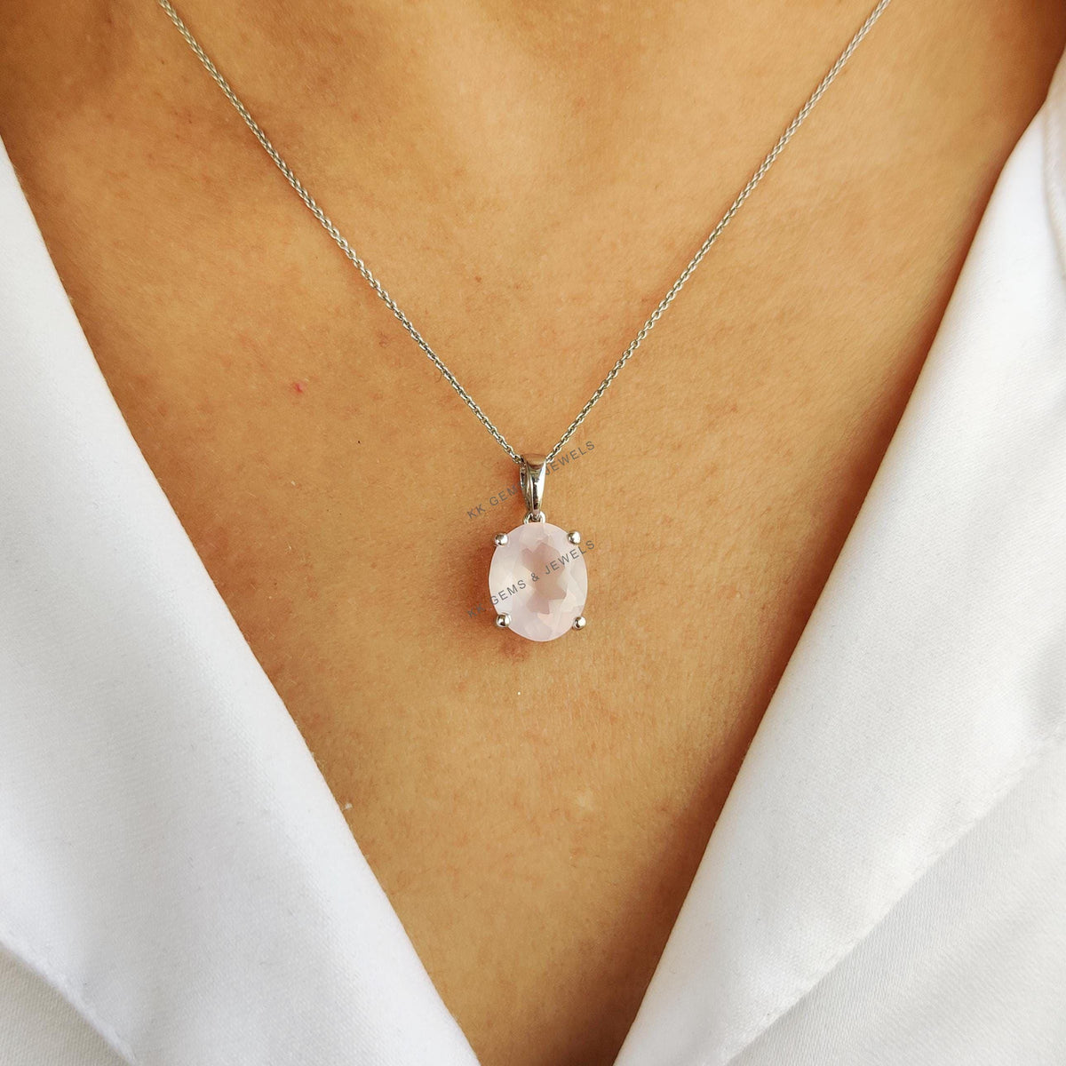 Natural Rose Quartz Pendant, 14K Solid White Gold, January Birthstone