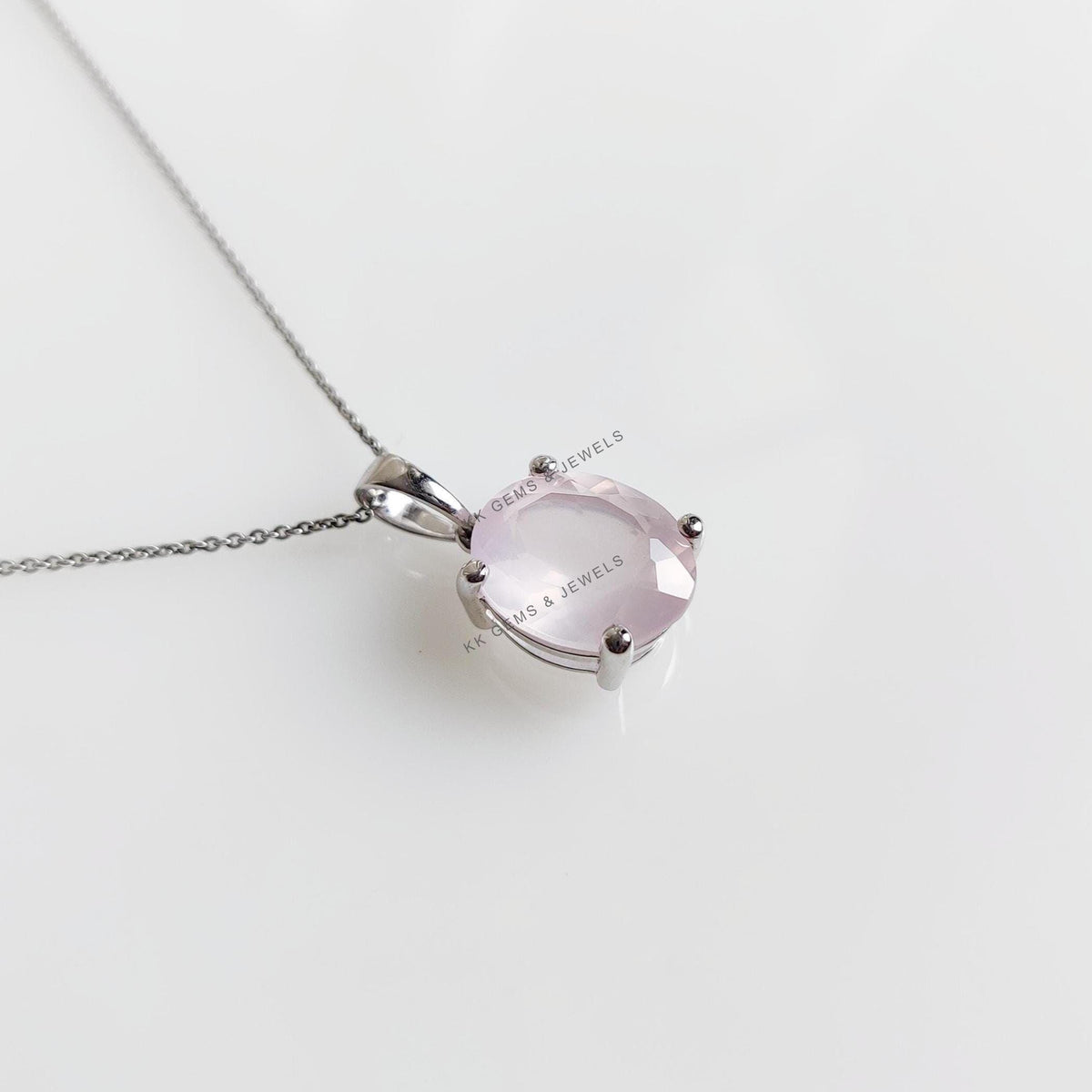 Natural Rose Quartz Pendant, 14K Solid White Gold, January Birthstone
