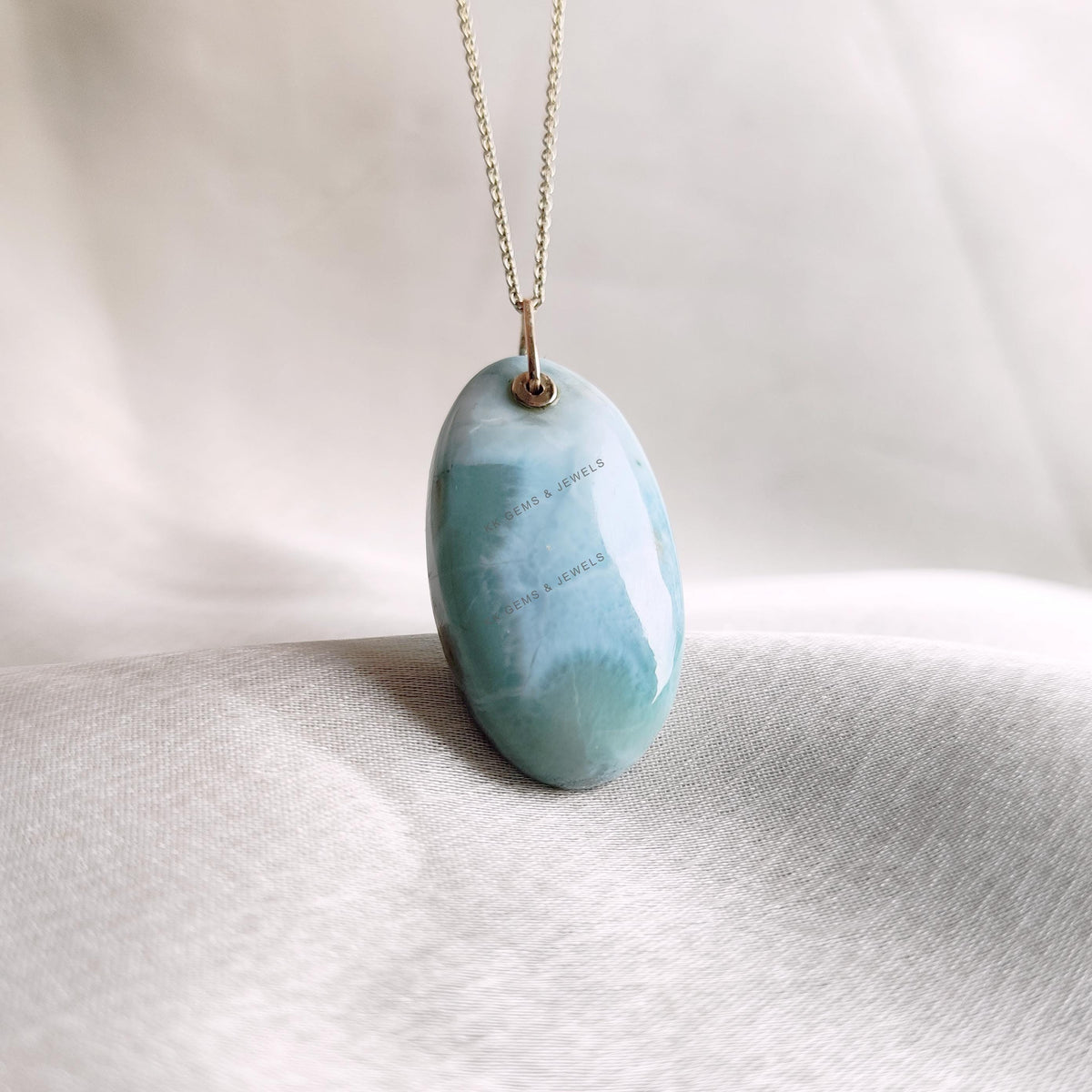 Natural Larimar Pendant: 14K Solid Yellow Gold, March Birthstone