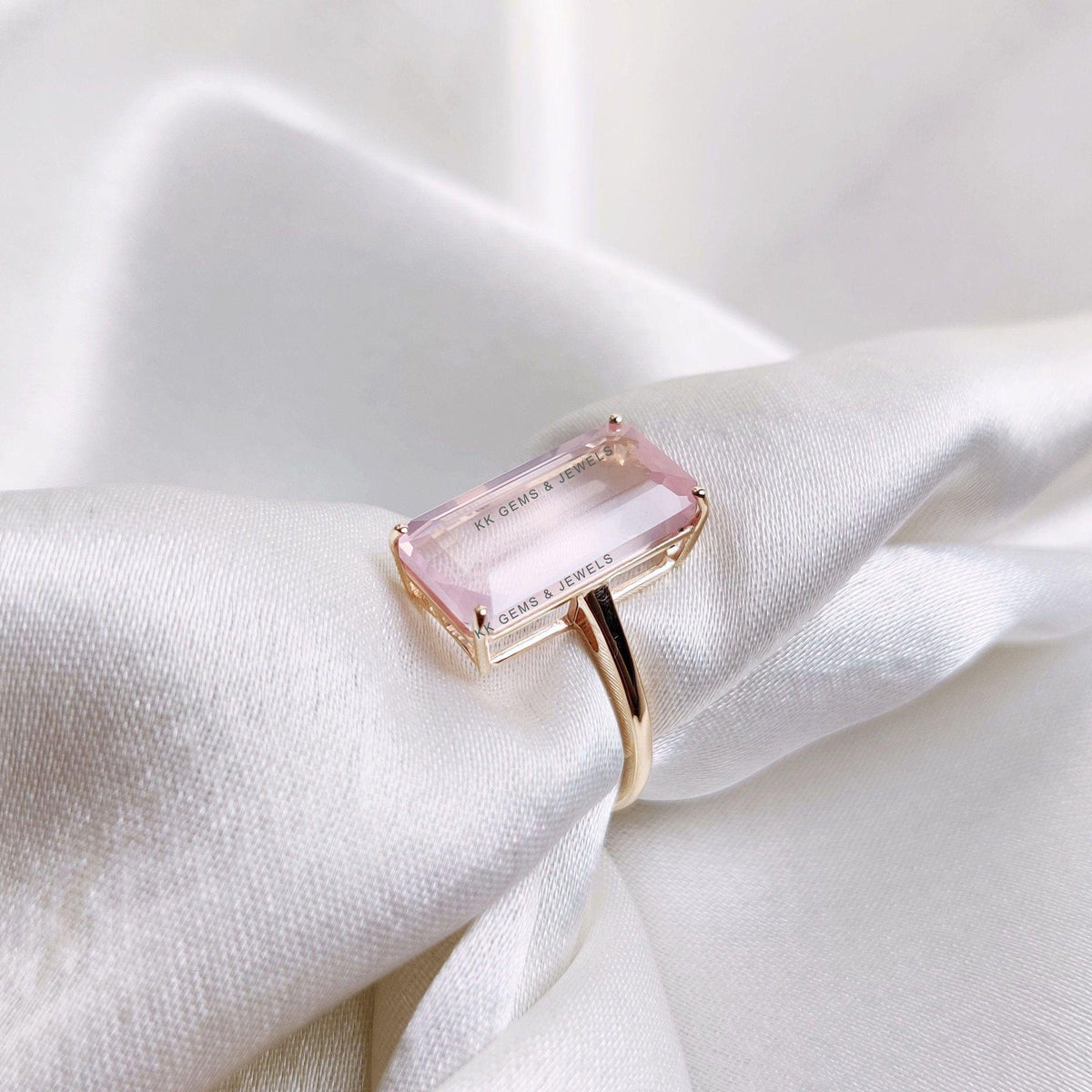 14K Solid Gold Natural Rose Quartz Ring: Octagon January Birthstone