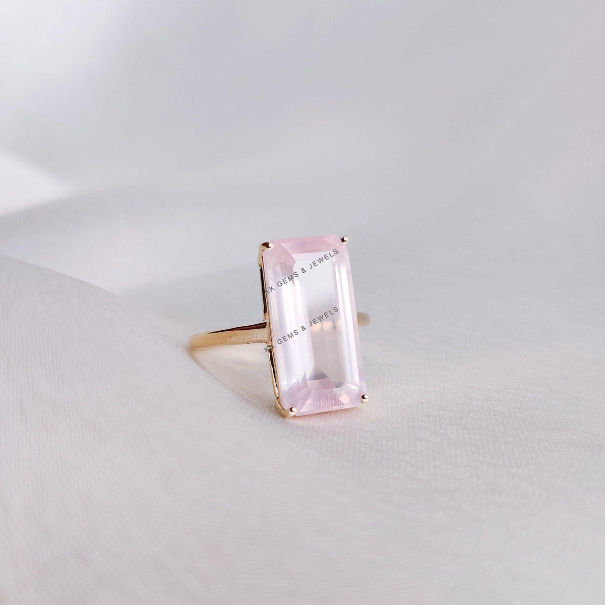 14K Solid Gold Natural Rose Quartz Ring: Octagon January Birthstone