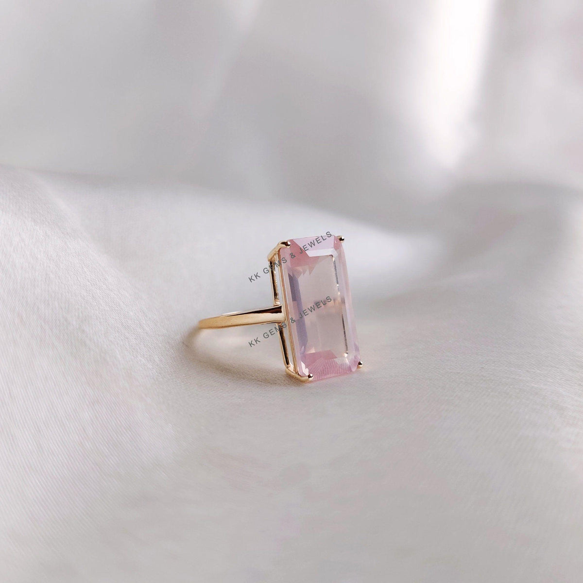14K Solid Gold Natural Rose Quartz Ring: Octagon January Birthstone