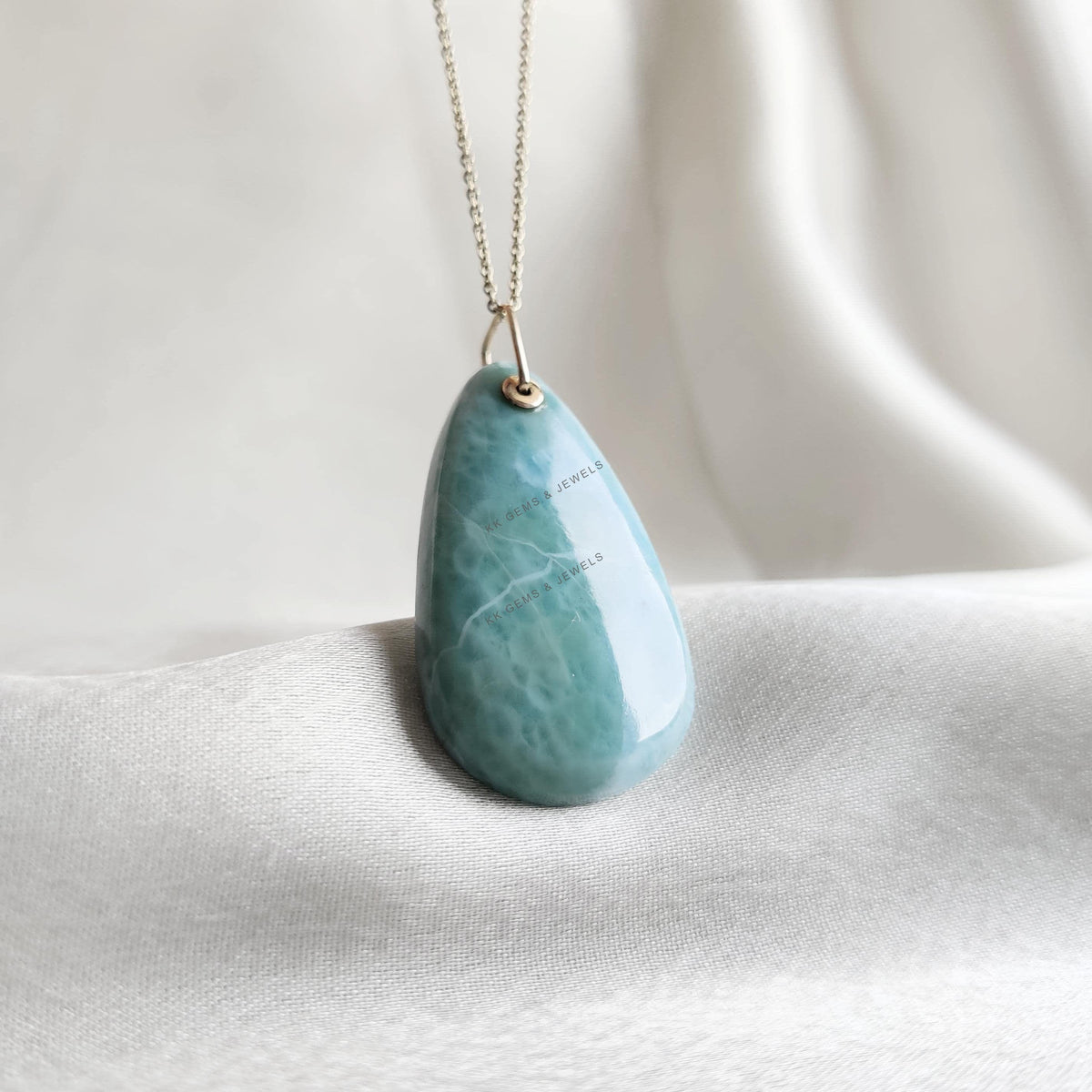 Natural Pear Larimar Pendant: 14K Solid Yellow Gold Necklace, March Birthstone