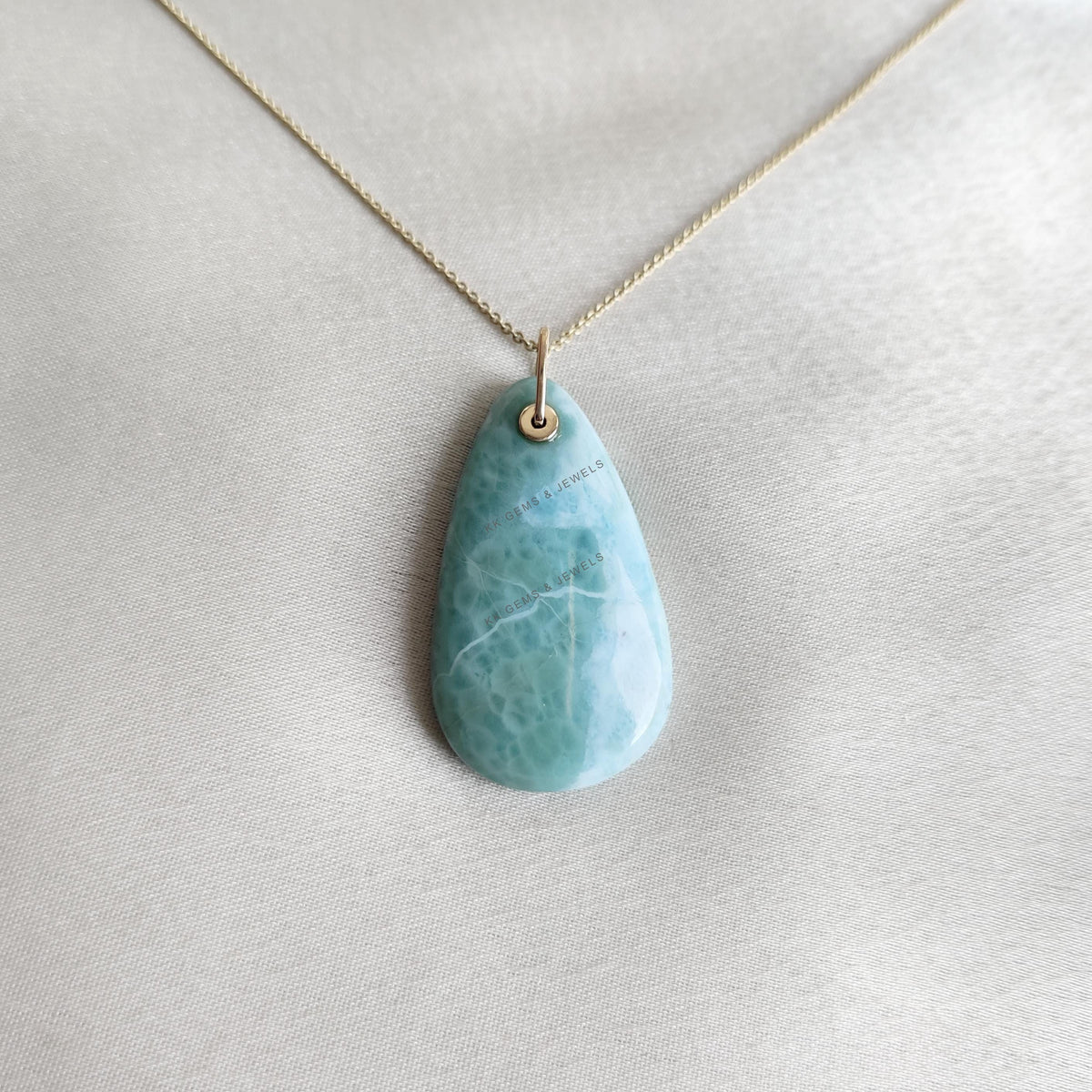 Natural Pear Larimar Pendant: 14K Solid Yellow Gold Necklace, March Birthstone