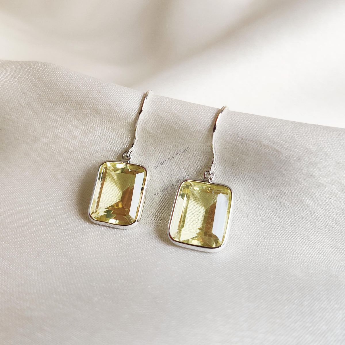 Natural Lemon Topaz Earrings, 14K Solid White Gold, November Birthstone