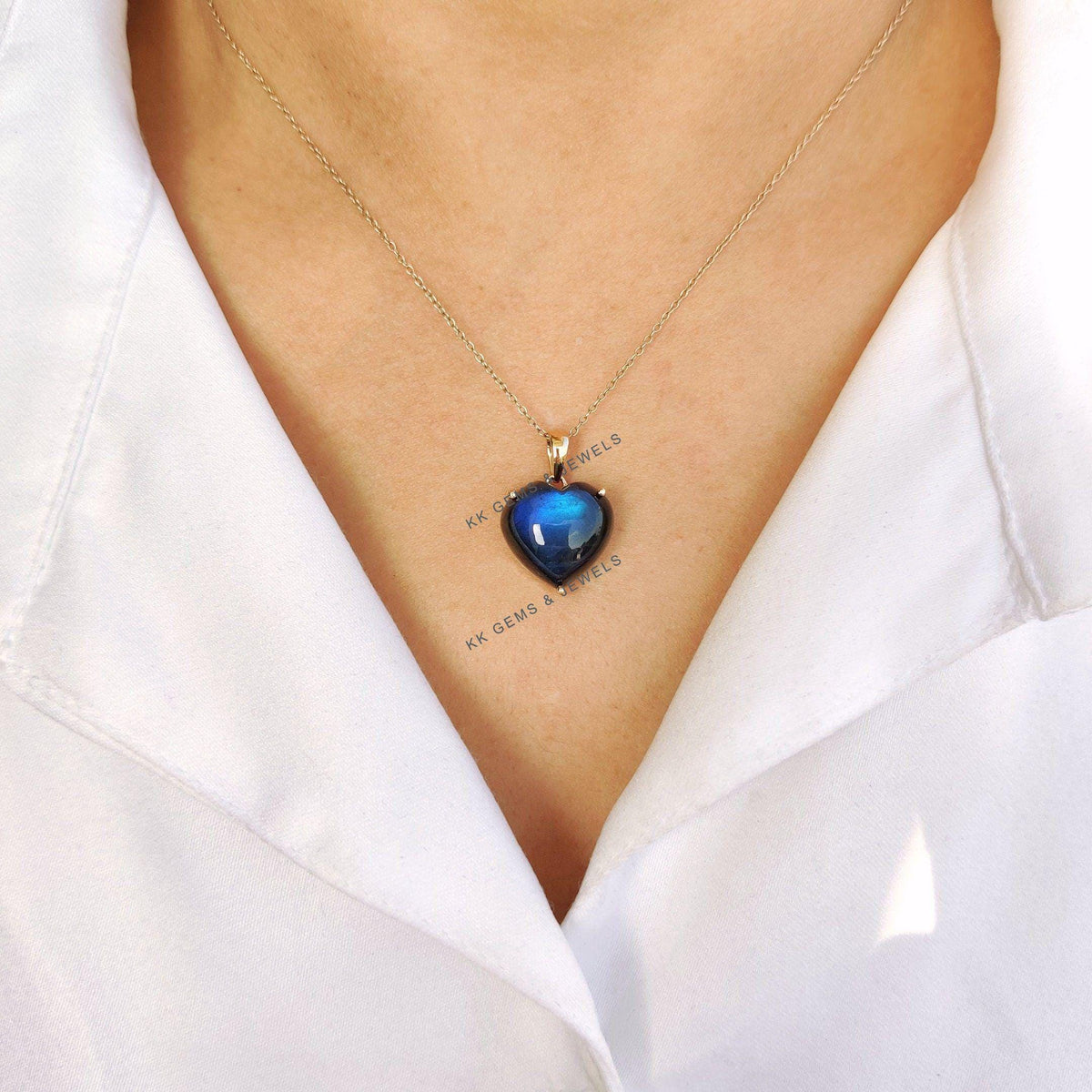 Natural Labradorite Heart Pendant: 14K Solid Yellow Gold August Birthstone