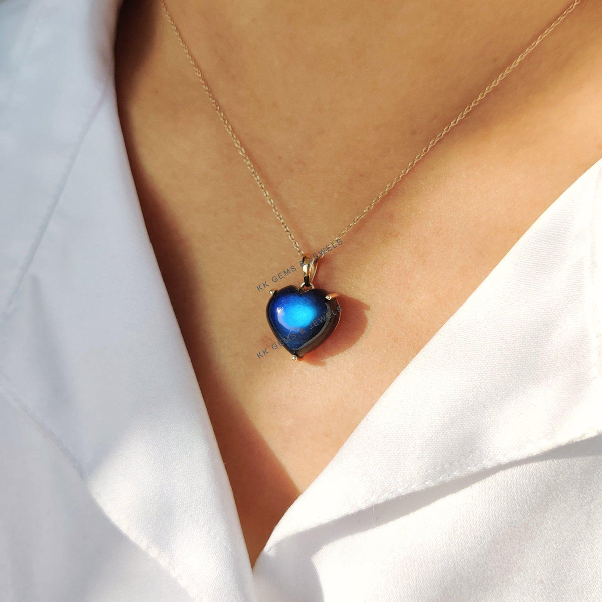 Natural Labradorite Heart Pendant: 14K Solid Yellow Gold August Birthstone