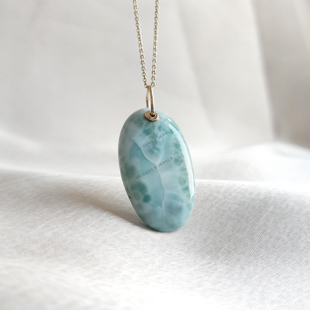 14K Solid Yellow Gold Natural Larimar Pendant: Oval Gemstone Necklace