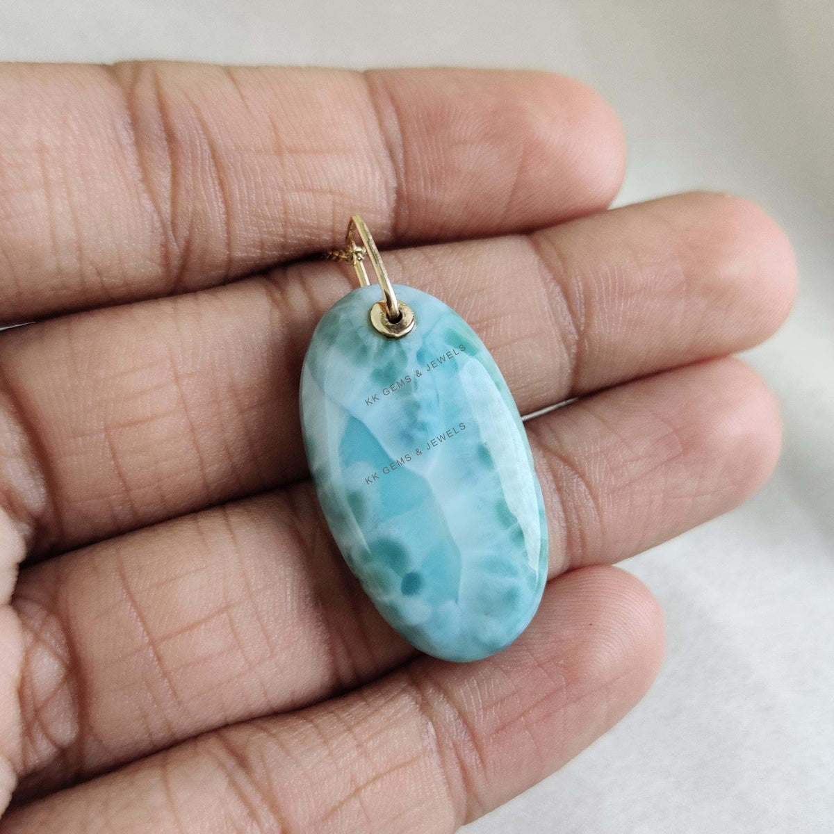 14K Solid Yellow Gold Natural Larimar Pendant: Oval Gemstone Necklace