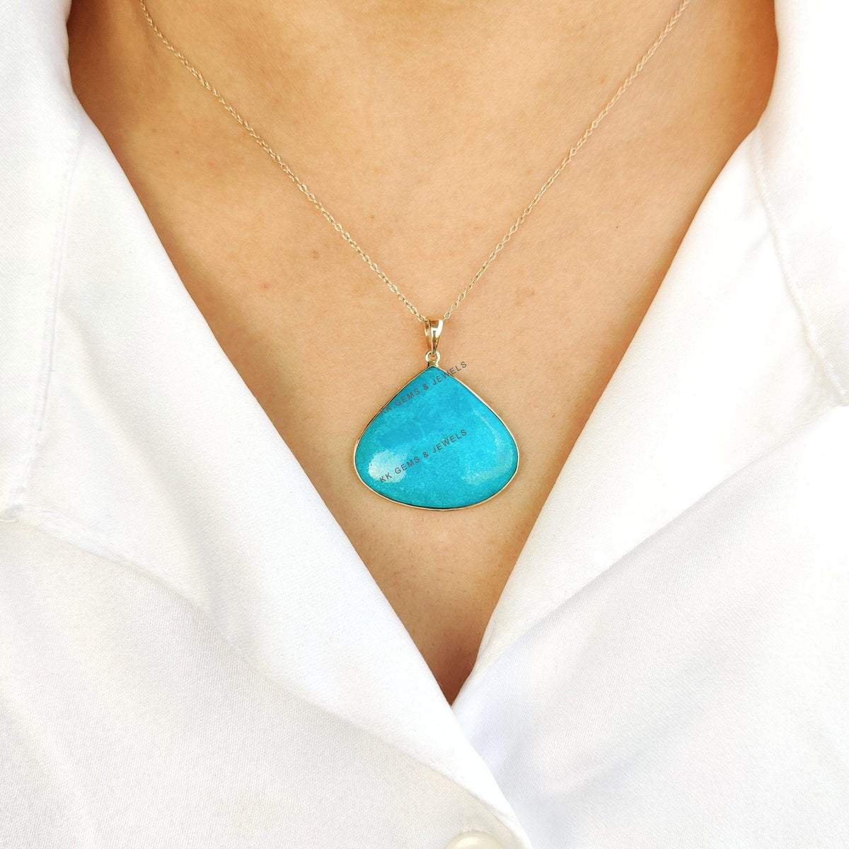 Natural Sleeping Beauty Turquoise Pendant, 14K Solid Yellow Gold, December Birthstone