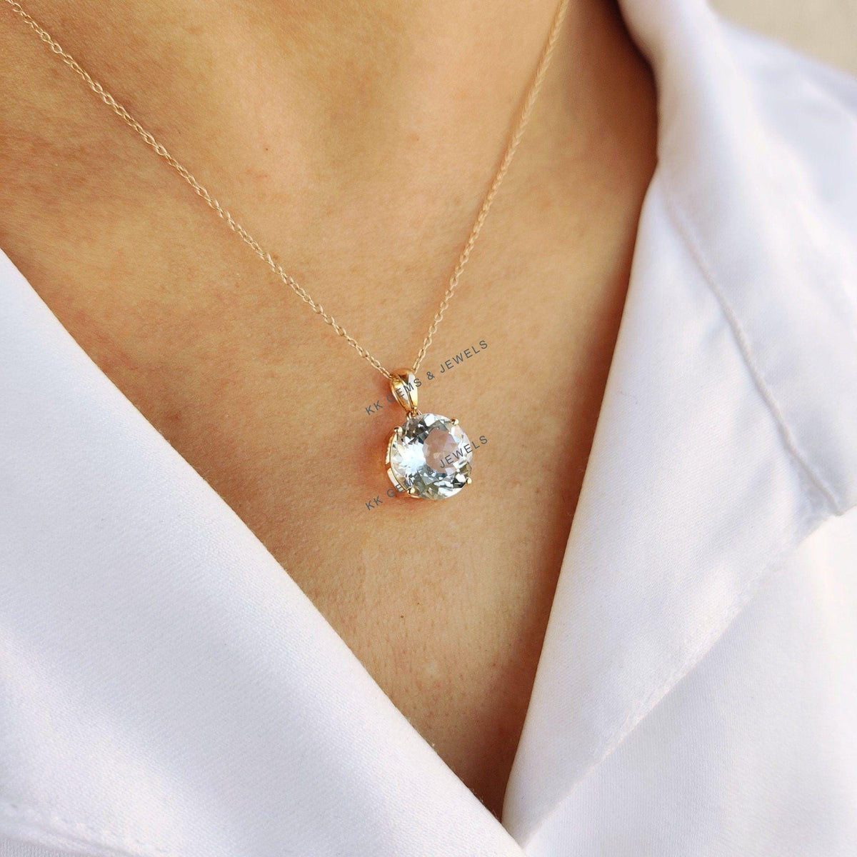 14K Solid Yellow Gold Natural Aquamarine Pendant - Round Cut, March Birthstone