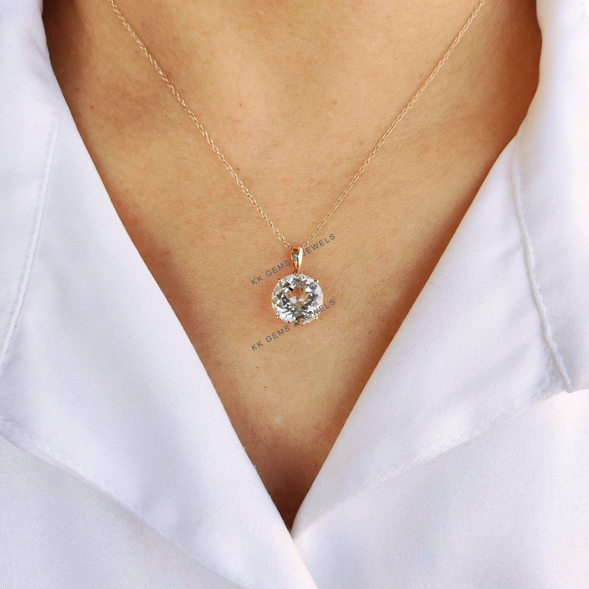 14K Solid Yellow Gold Natural Aquamarine Pendant - Round Cut, March Birthstone