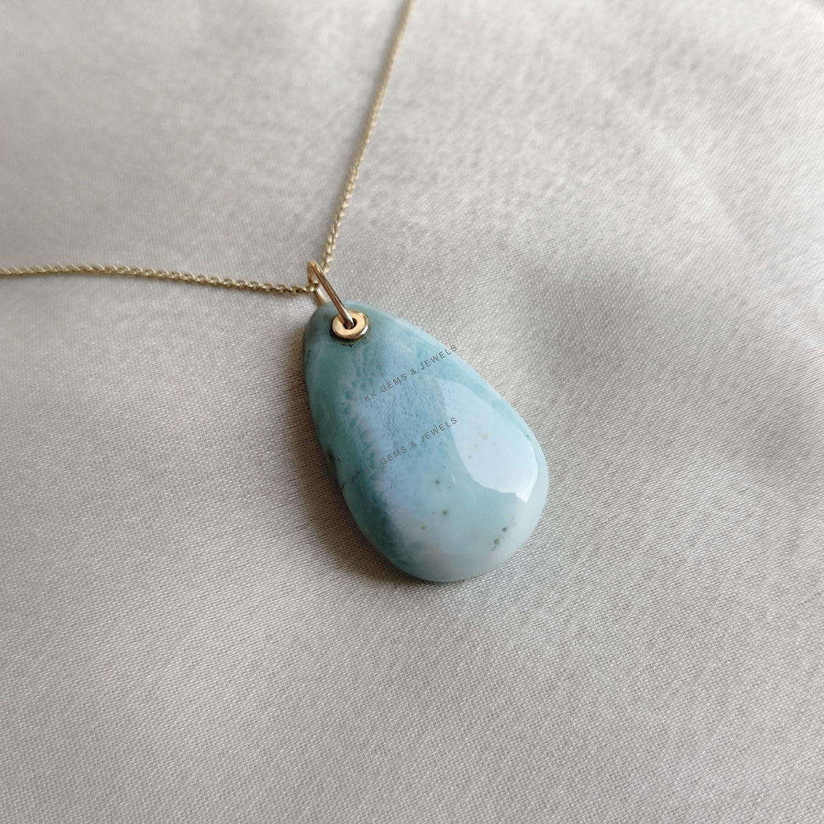 Natural Pear Larimar Pendant: 14K Solid Yellow Gold, March Birthstone