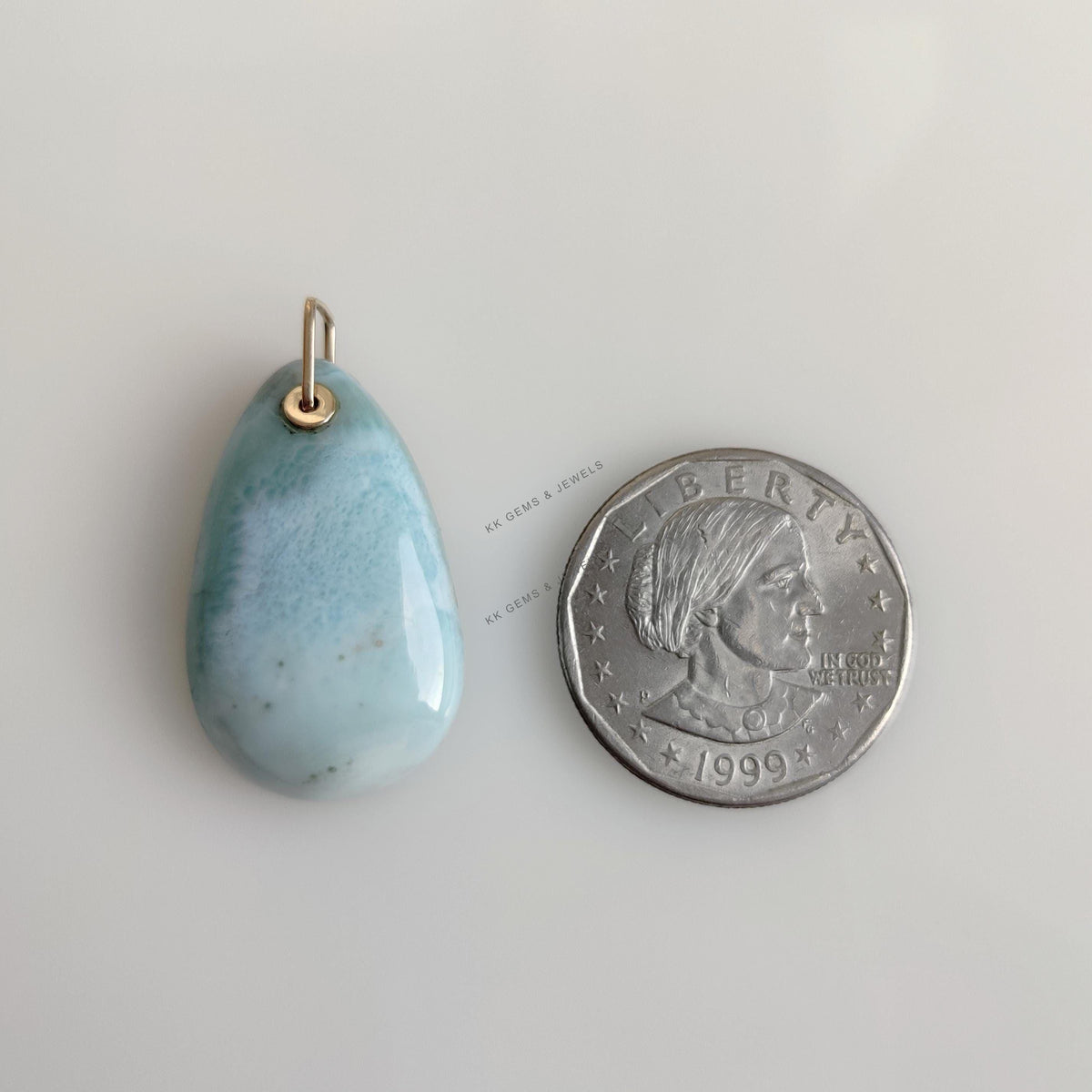 Natural Pear Larimar Pendant: 14K Solid Yellow Gold, March Birthstone