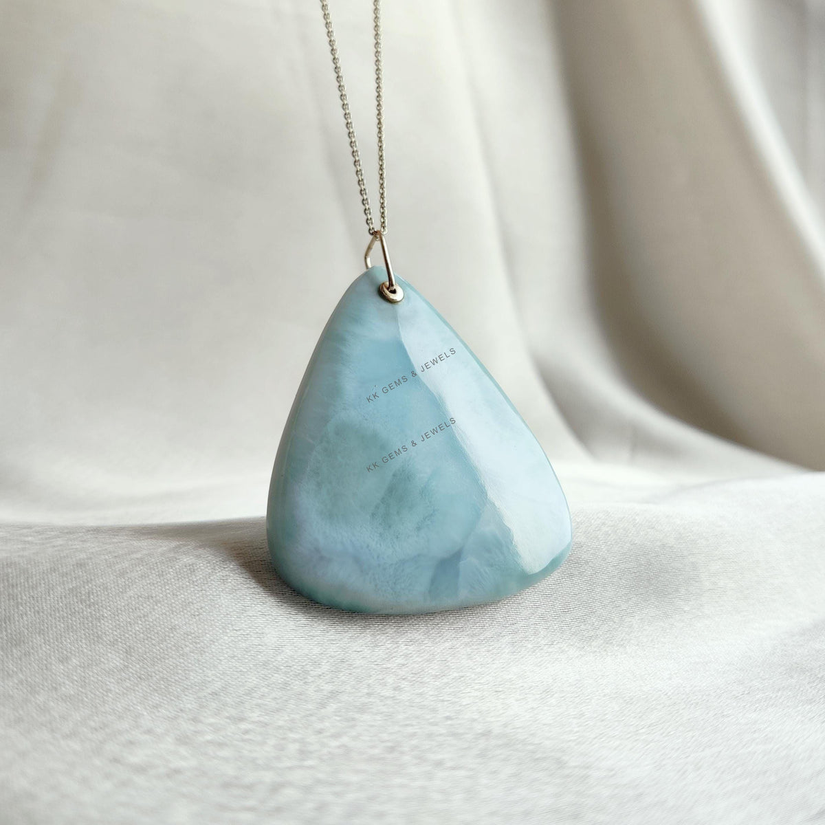 Natural Larimar Trillion Pendant: 14K Solid Yellow Gold, March Birthstone