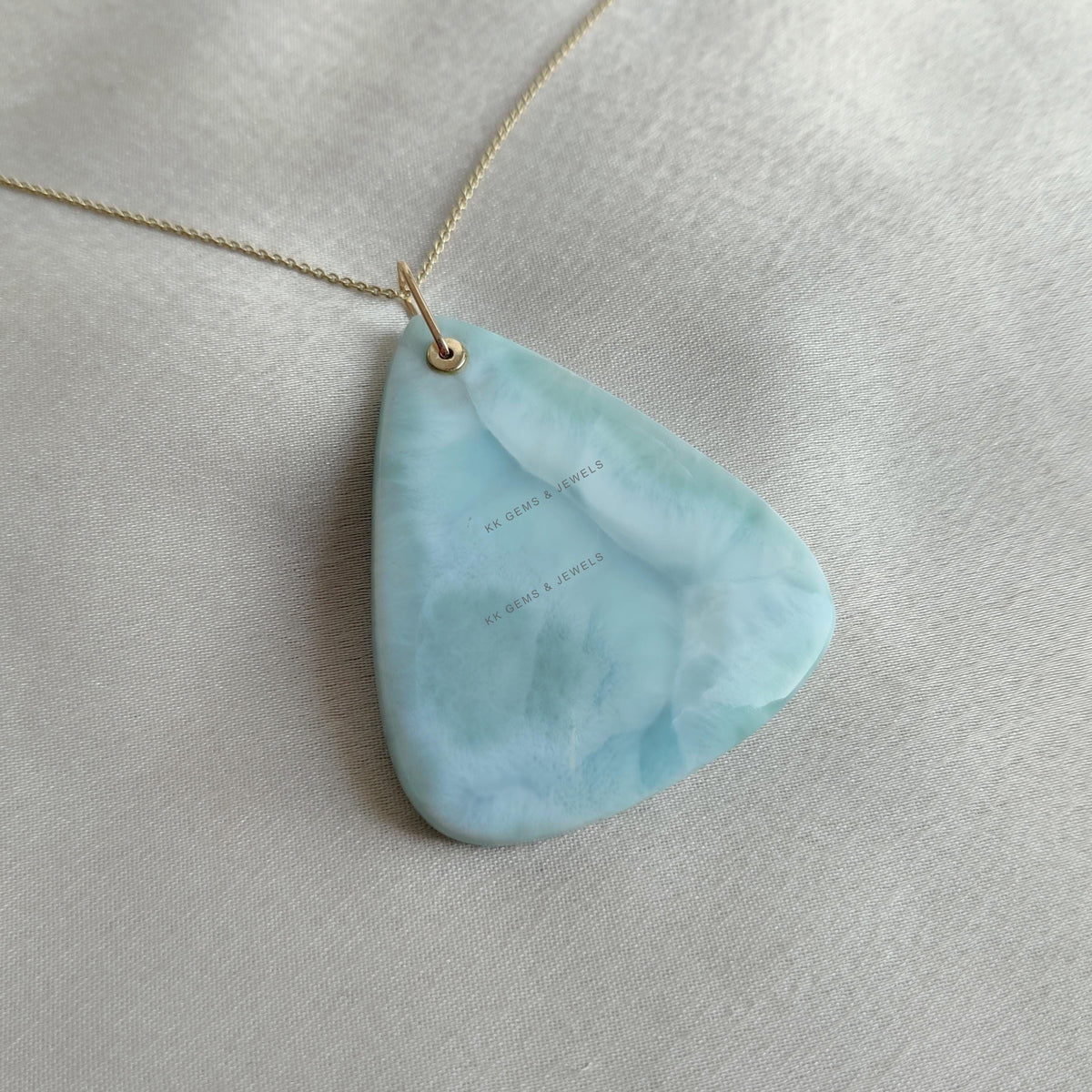 Natural Larimar Trillion Pendant: 14K Solid Yellow Gold, March Birthstone