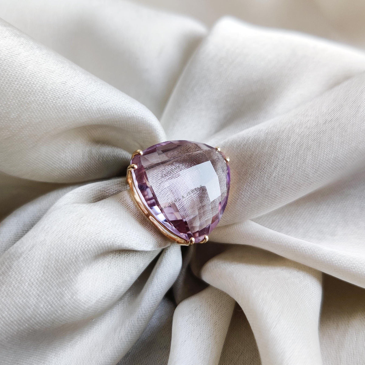 Natural Pink Amethyst 14K Solid Yellow Gold Ring, February Birthstone Prong Trillion Ring