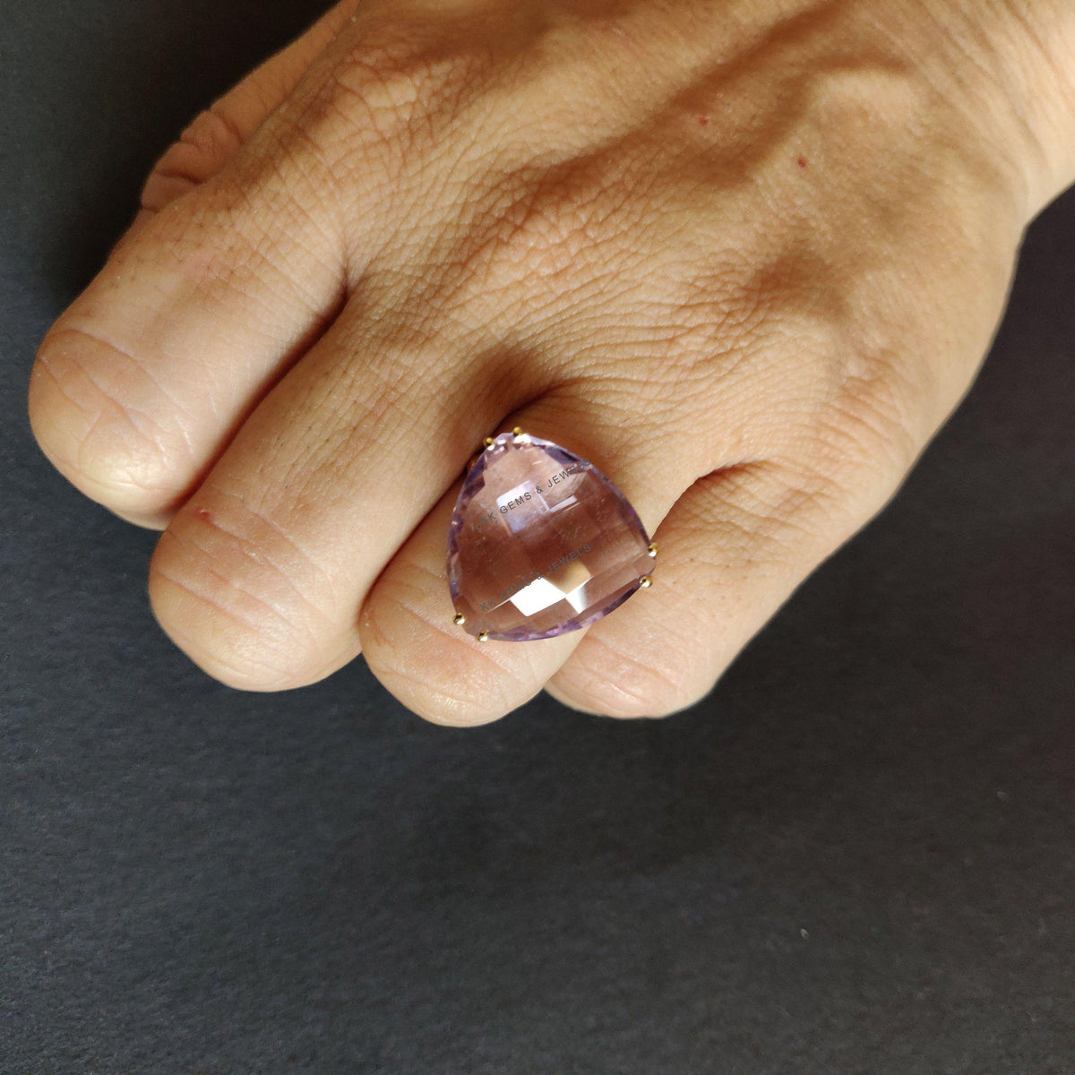 Natural Pink Amethyst 14K Solid Yellow Gold Ring, February Birthstone Prong Trillion Ring