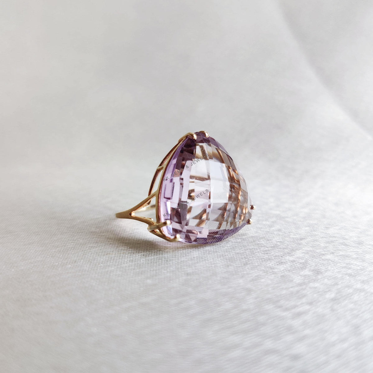 Natural Pink Amethyst 14K Solid Yellow Gold Ring, February Birthstone Prong Trillion Ring